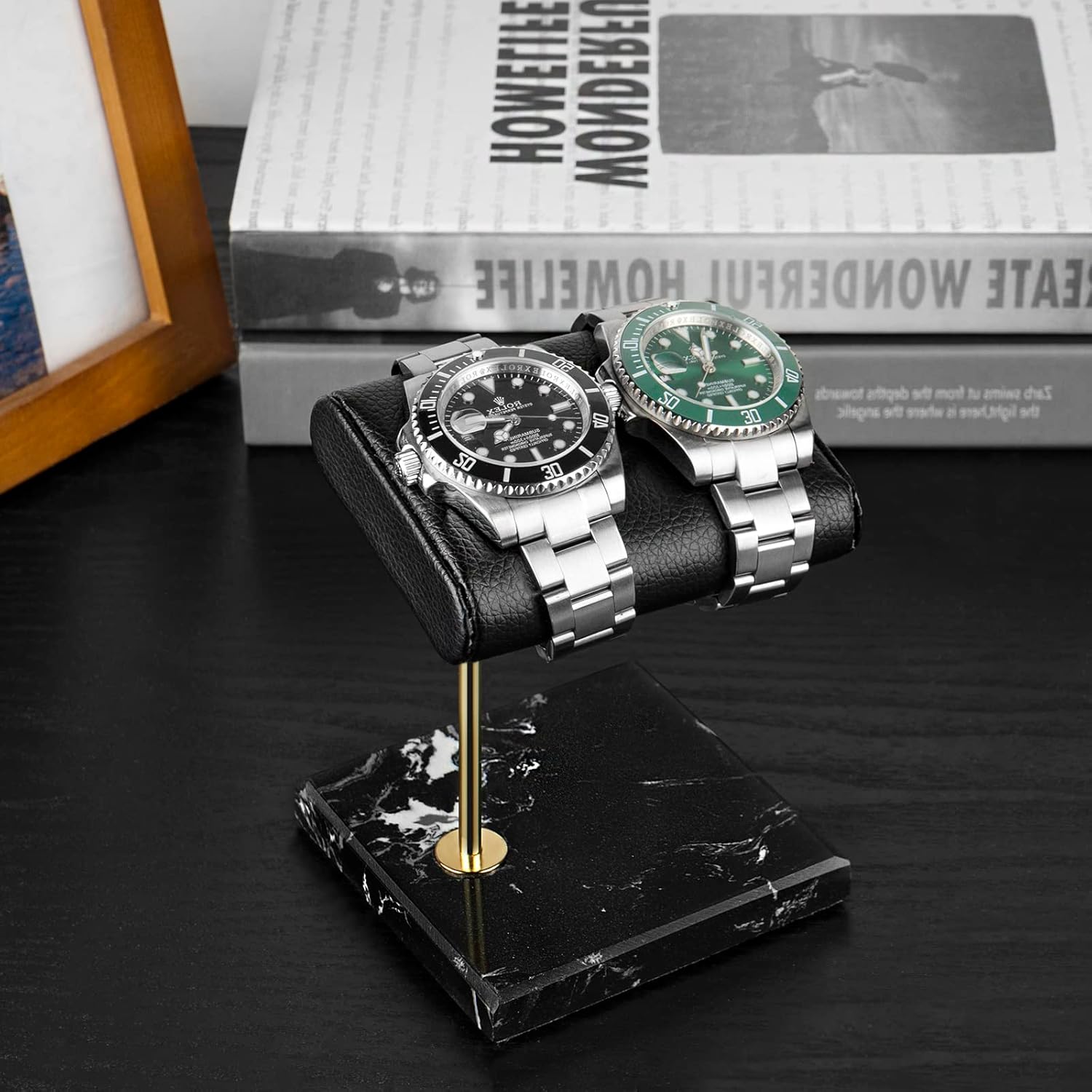 Linkidea Leather Watch Display Stand, Handcrafted Watch Holder with Marble Base, Watch organizer for Men and Women