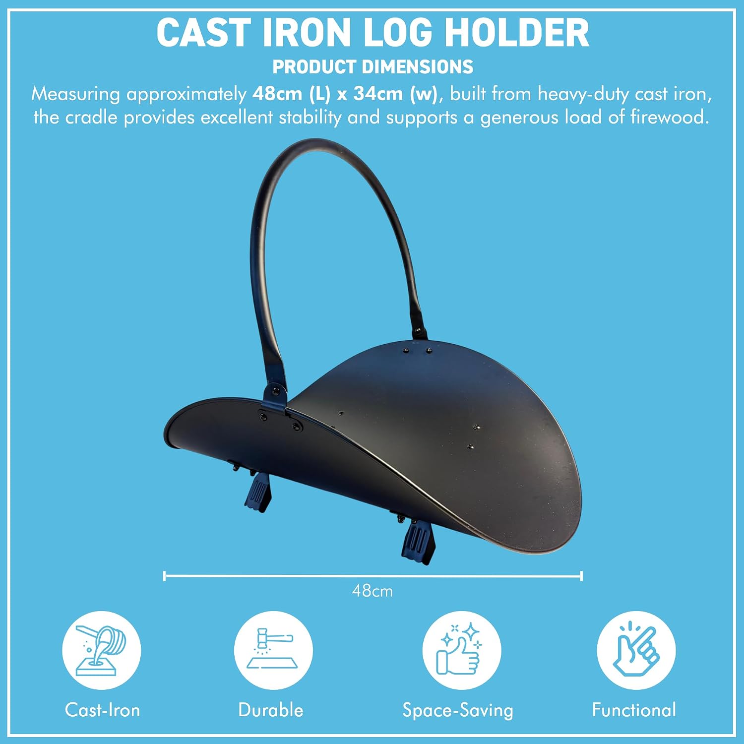 𝗖𝗔𝗦𝗧 𝗜𝗥𝗢𝗡 𝗟𝗢𝗚 𝗛𝗢𝗟𝗗𝗘𝗥 𝗙𝗜𝗥𝗘𝗪𝗢𝗢𝗗 𝗕𝗔𝗦𝗞𝗘𝗧 𝗟𝟰𝟴 𝘅 𝗪𝟯𝟰 | Durable Fireside Log Storage Cradle | 4 Small Standing Feet for Fireplace | Wood Burner