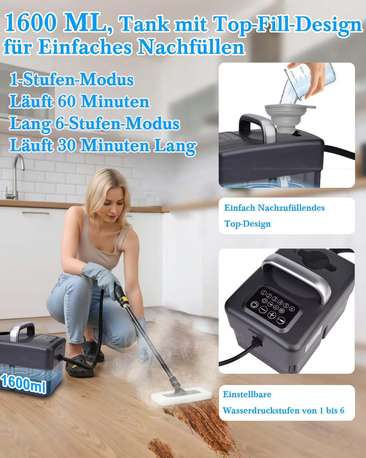 Dampfreiniger Handgerät für Alles - 2500W 6-Stufig Einstellbar, 1,6L Wassertank, 120 °C Dampf, 15s Aufheizzeit, Tragbar mit 10 Zubehörteilen, Dampfreinigung für Boden