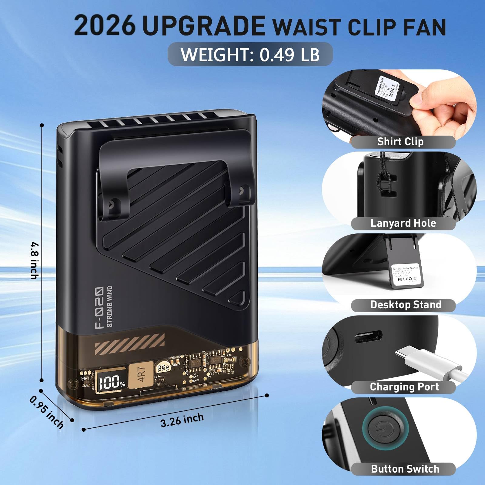 Ventilador de cintura portátil 2026, ventilador de refrigeración personal con clip, pantalla LED, 10000 RPM, 5 velocidades, tiempo de funcionamiento de 40 horas, ventiladores recargables debajo