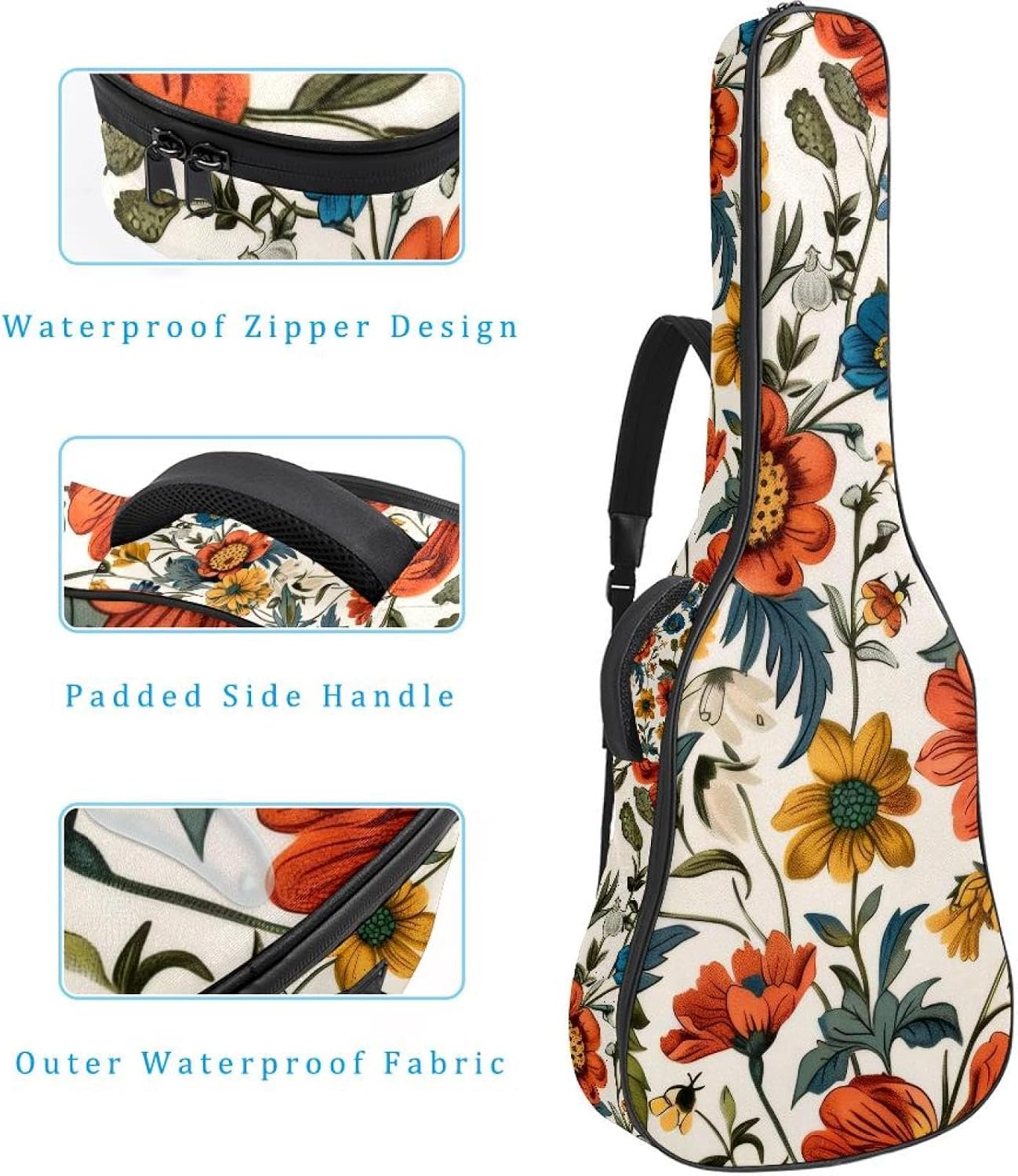 40 41 42 Inch Acoustic Guitar Bag, 0.4 In Thick Sponge Padded Guitar Case Gig Bag with Back Hanger Loop and 2 Pockets, Vintage Floral Colorful Flowers Pattern