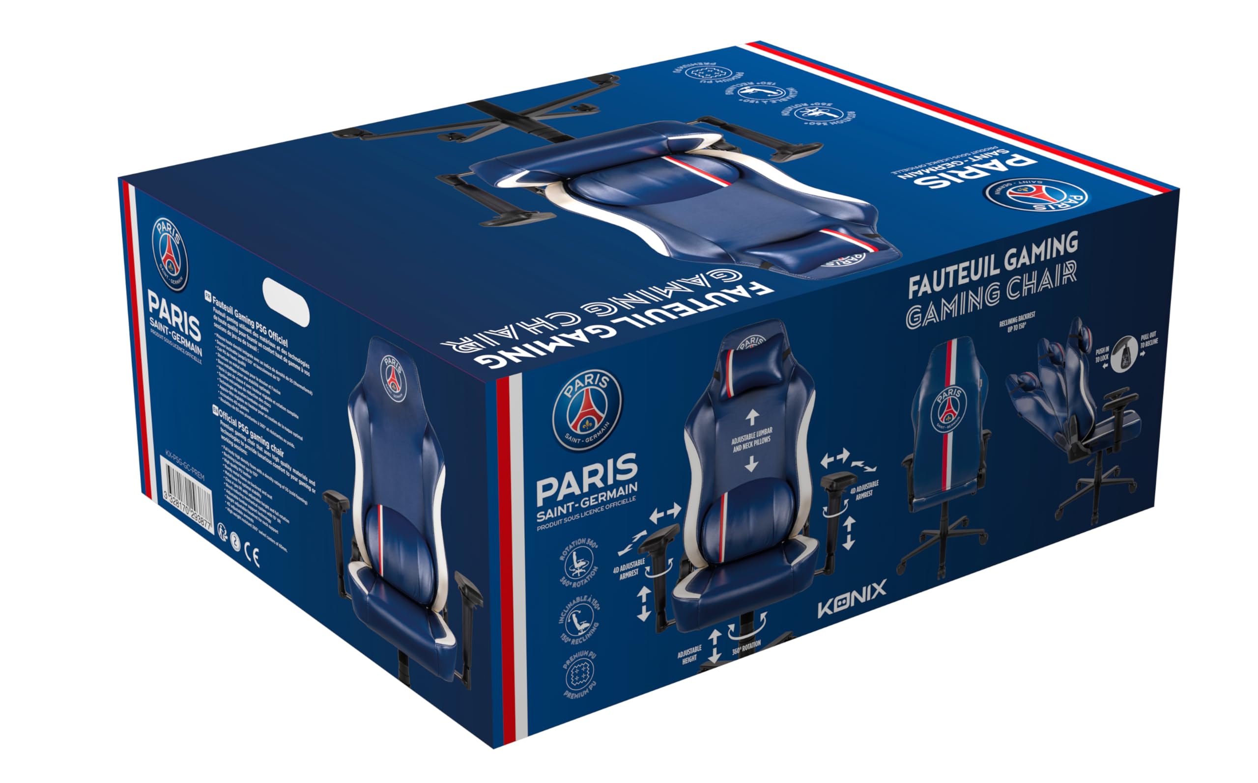 Konix PSG Chaise de Bureau Gaming Premium - Inclinaison siège 150° - Cuir polyuréthane - Coussin lombaires et cervicaux réglable - Appui-tête - Bleu