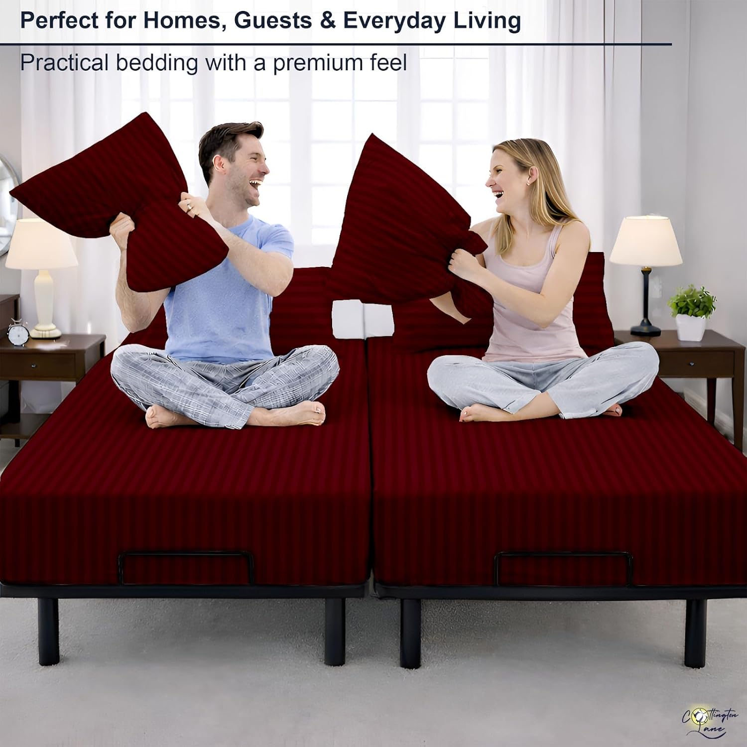 Cottington Lane Split Queen Sheets Sets for Adjustable Bed, Premium Cotton Split Queen Coolling Bed Sheets with 16 Inch Deep Pockets, Hotel Luxury Ultra Soft & Durable Bedding, Burgundy Stripe