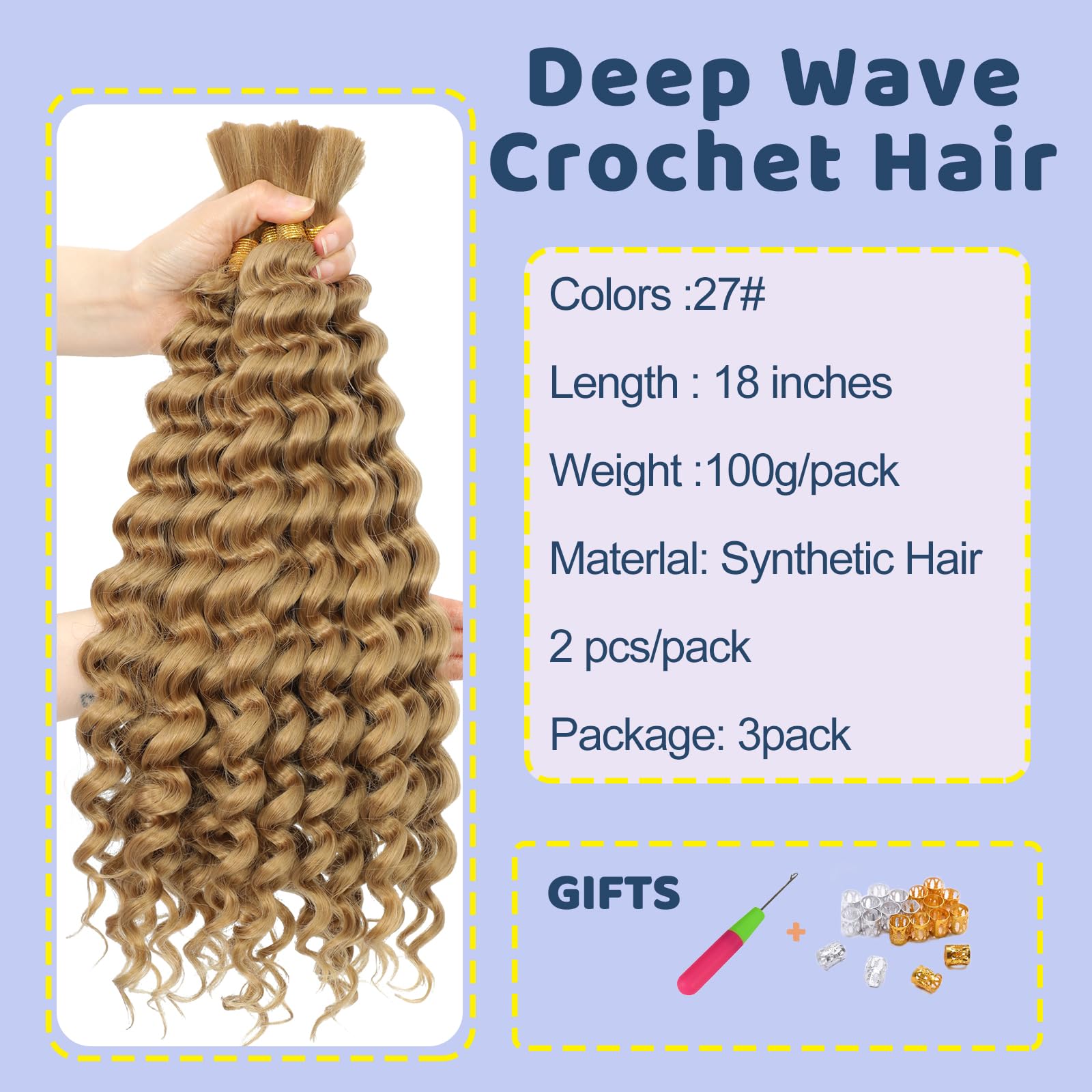 BLTYXT Deep Wave Bulk Hair 18 Inch 6 Bundles Synthetic Braiding Hair Curly Crochet Hair Boho Braids Natural Color for Hair Extensions (27 - Image 2