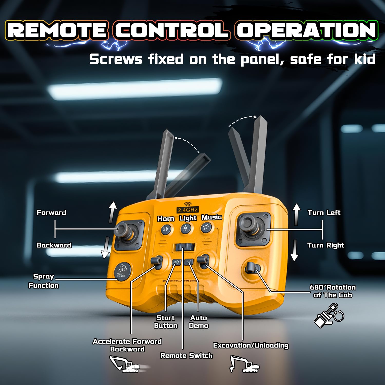Rc Escavatore giocattolo da costruzione per bambini 3-12, auto telecomandata con spray, pala in metallo /3 × batteria /680° rotazione/luce, escavatore idraulico per ragazzi compleanno