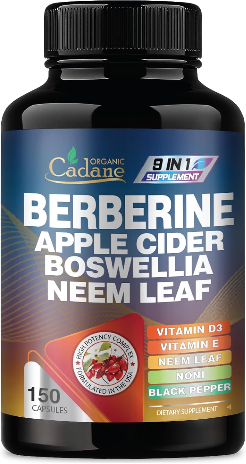 Organic Cadane Berberine Supplement 150 Capsules, with Neem Leaf, Apple Cider Vinegar, VIT D3, E & More - Berberine Extract - Support for Immune System, Digestion & Overall Health
