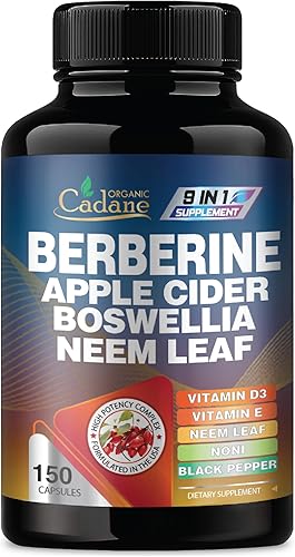 Organic Cadane Suplemento de berberina 150 cápsulas, con hoja de neem, vinagre de sidra de manzana, VIT D3, E y más, extracto de berberina, apoyo