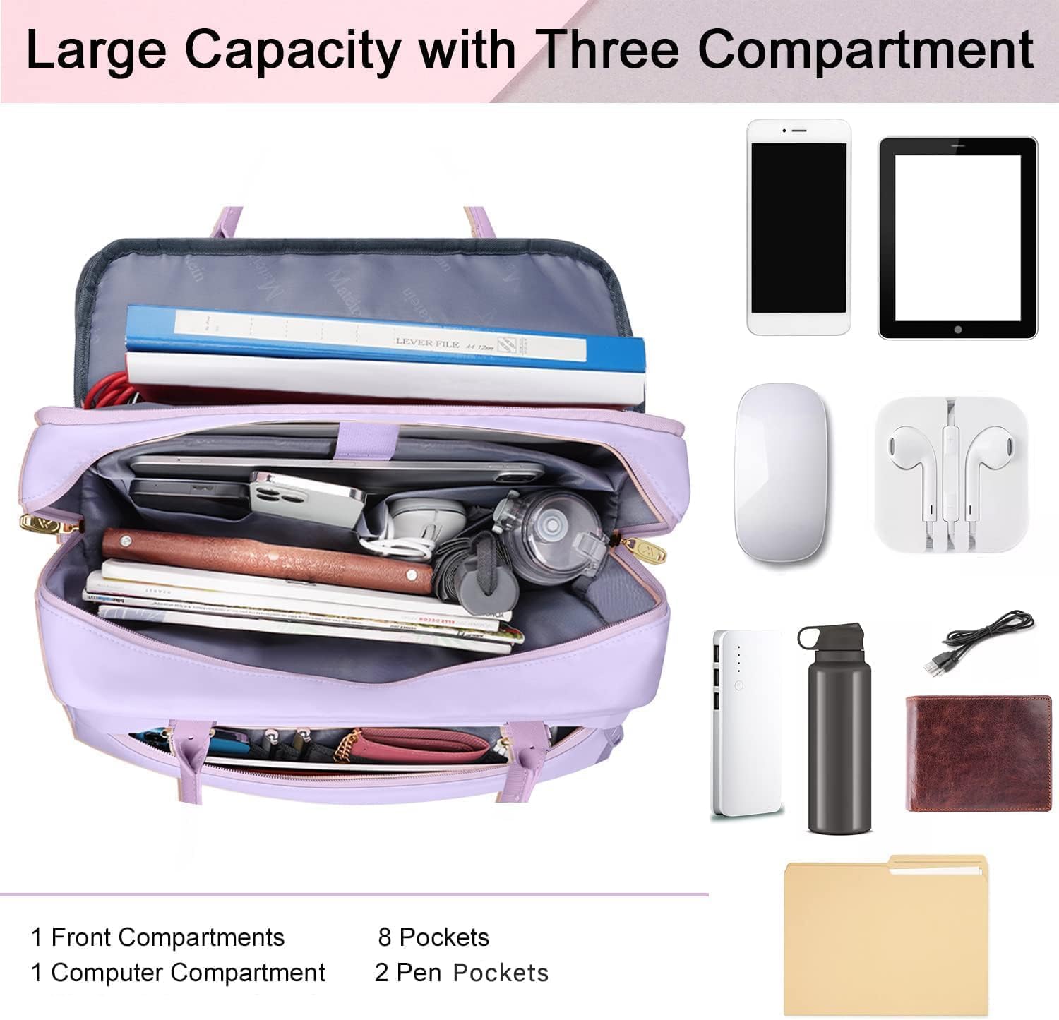 MATEIN Laptop Briefcase for Women, Fashion 15.6 inch Computer Sleeve Bag Case with Adjustable Shoulder Strap, Water Resistant Cute Purple Messenger Work Tote Bag Gifts for Women Nurse Teacher College - Image 8