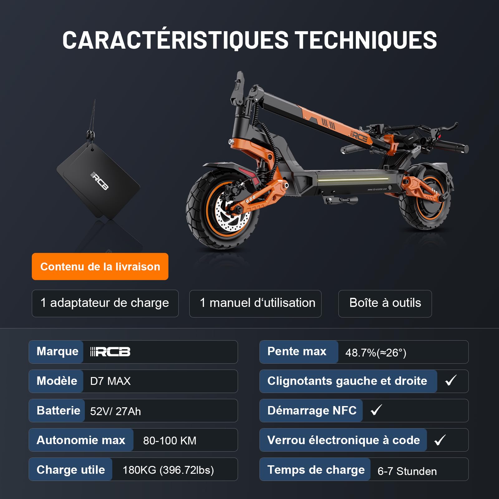 RCB D7 Max Trottinette Électrique Adulte,Moteur 3600W piek（1800W x2）