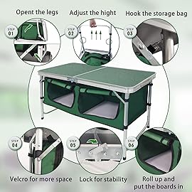 CampLand Outdoor Folding CampingTable with Aluminum Lightweight Height Adjustable with Storage Organizer Picnic Table for BBQ, Party, Camping (Green)