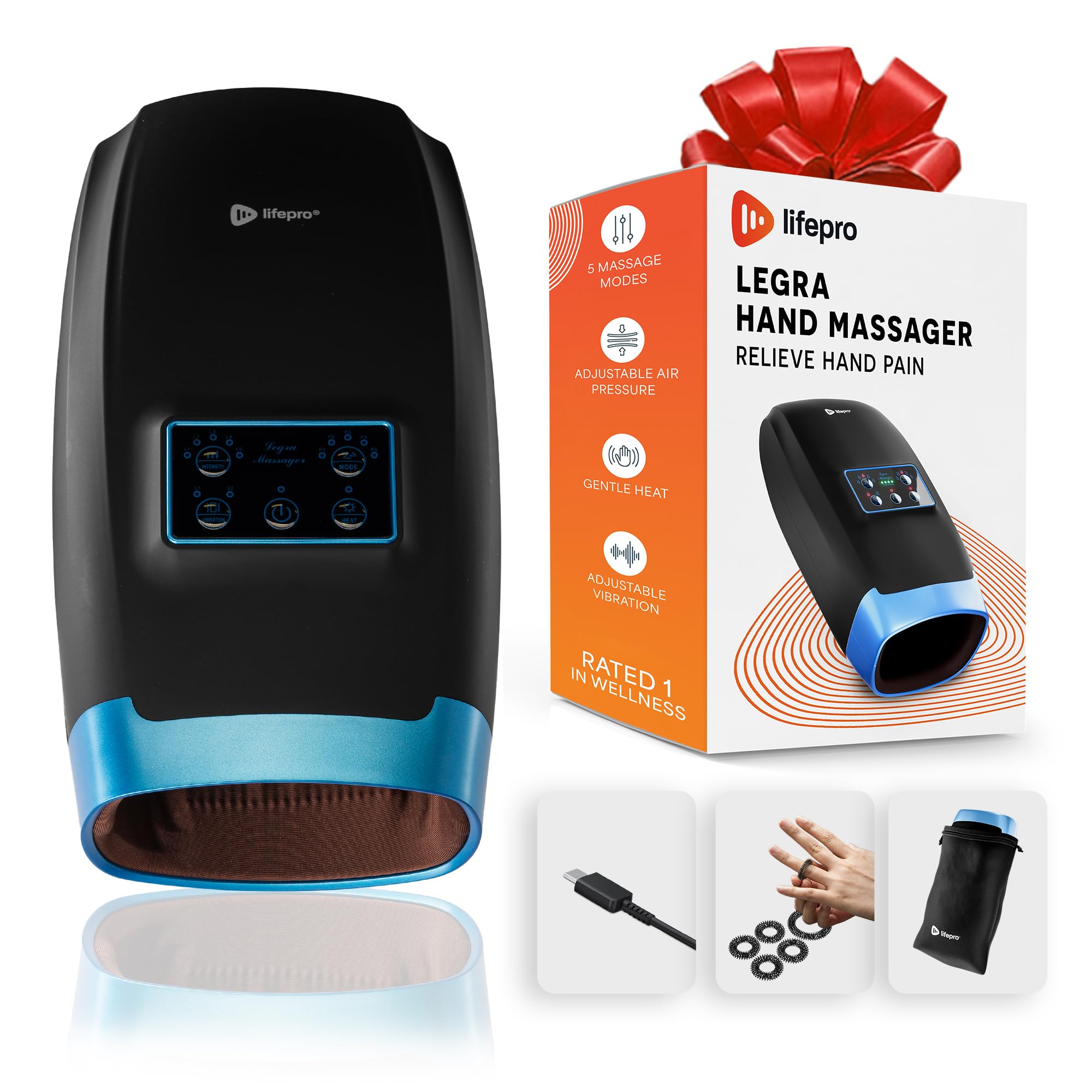 Lifepro Legra Hand Massager for Arthritis with Heat, Vibration, 5 Massage Modes, USB-C Rechargeable, Portable Wellness Recovery Device for Carpal Tunnel, Finger, Palm, and Wrist Pain Relief