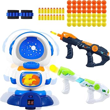 Kids Shooting Dart Game Toys, Shooting Practice Target Game for Kids Blaster Gun with 26 Foam Dart Bullets and Rotating Spinning Target with Music, Children Training Shooting Game