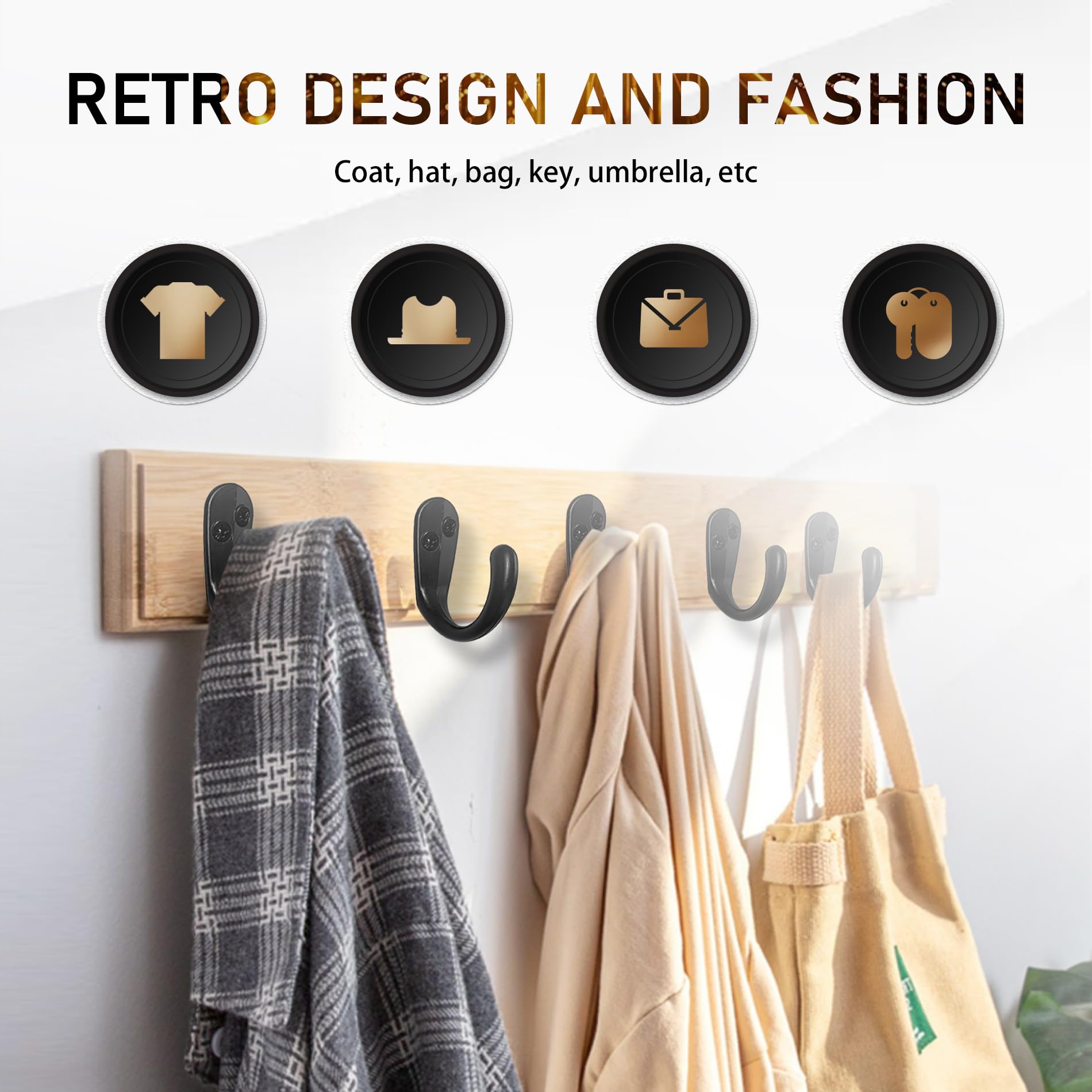UBRAVE 6 Piezas Ganchos De Pared,Ganchos De Abrigo Negro,Ganchos Percheros De Pared Con Tornillos,Colgadores Pared De Retro Para Dormitorio, Armario, Baño,Para Chaquetas,Bufandas,Abrigos,Bolsos,Etc