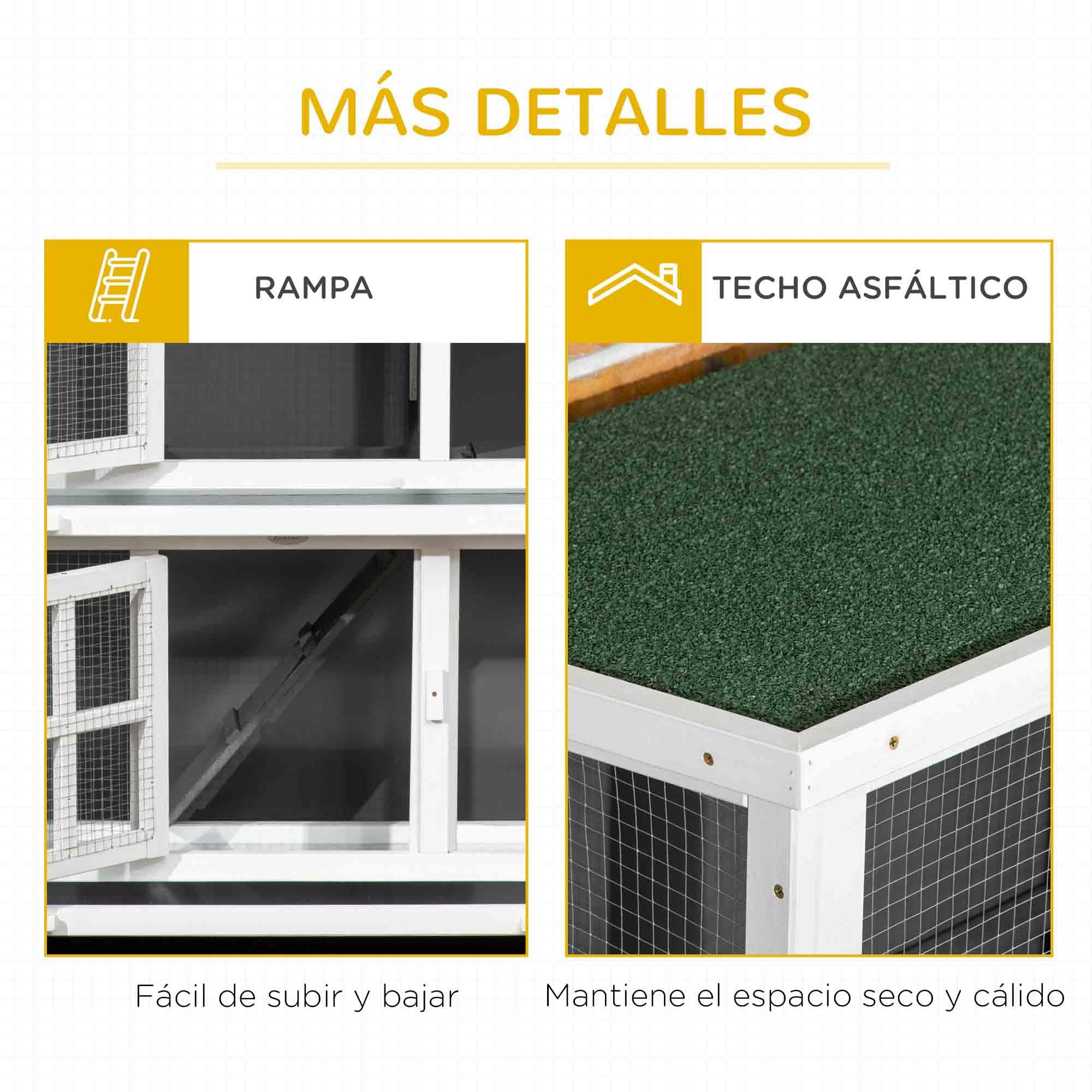 PawHut Conejera de Madera de 2 Niveles Jaula para Conejos con Ruedas 2 Puertas Techo y 2 Bandejas Extraíbles Conejera para Interior y Exterior 119x50,5x109 cm Blanco y Gris
