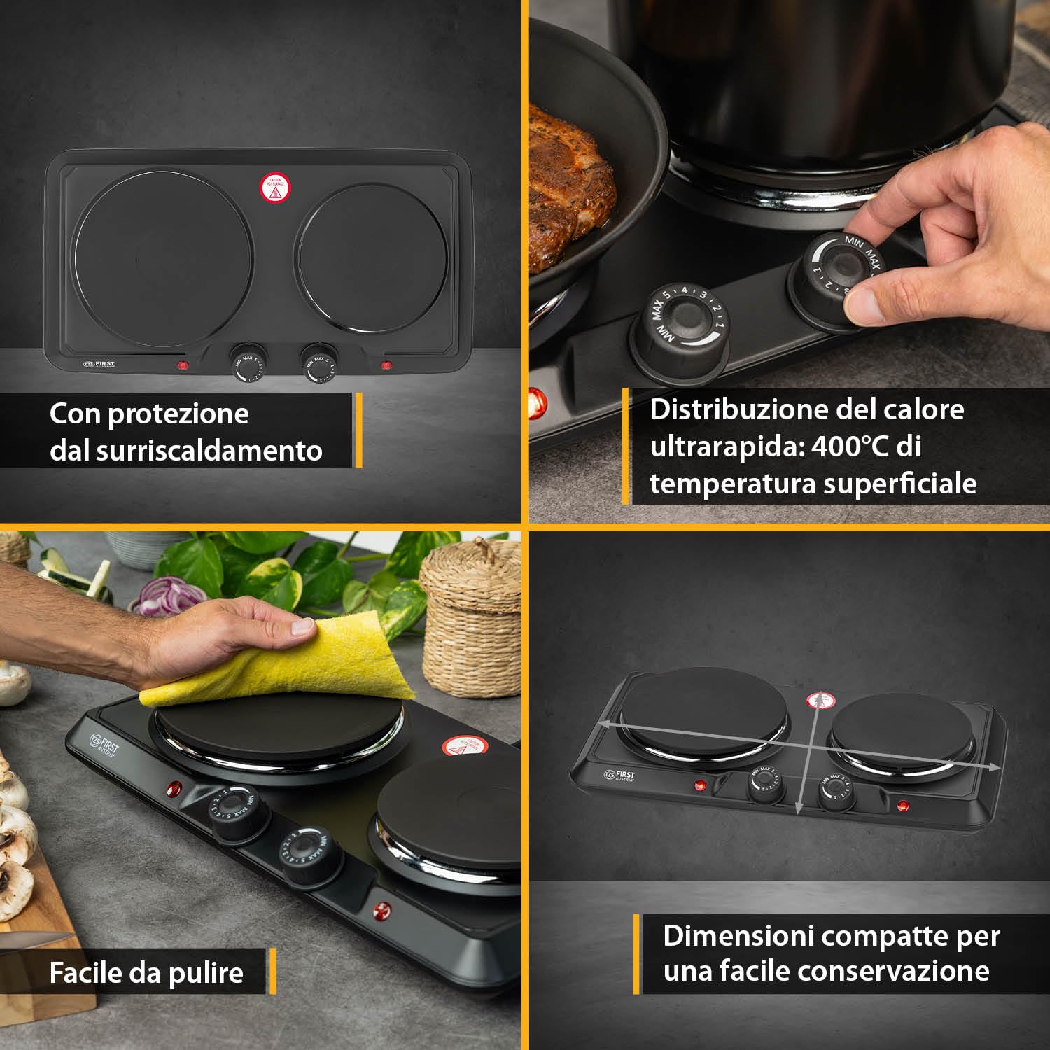 TZS First Austria - Doppia Piastra Elettrica 2500W - Piastre in Ghisa 180 & 150 mm - Termostato a Regolazione Continua - Fornello Portatile per Camping & Cucina - Nero