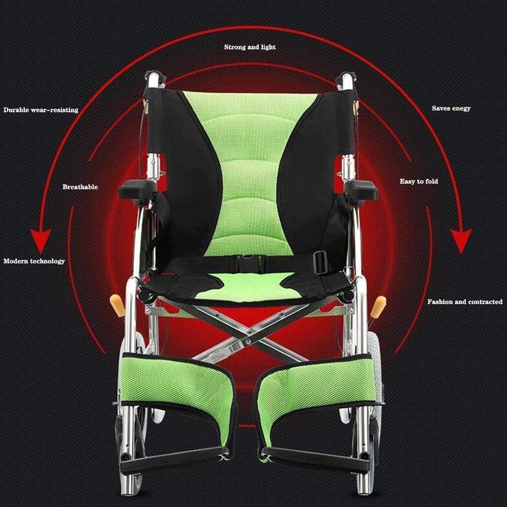 Sedia a rotelle verde Manuale Semovente pieghevole Leggero in lega di alluminio Carrello pieghevole Sedia per mobilità Anziani disabili Portatile
