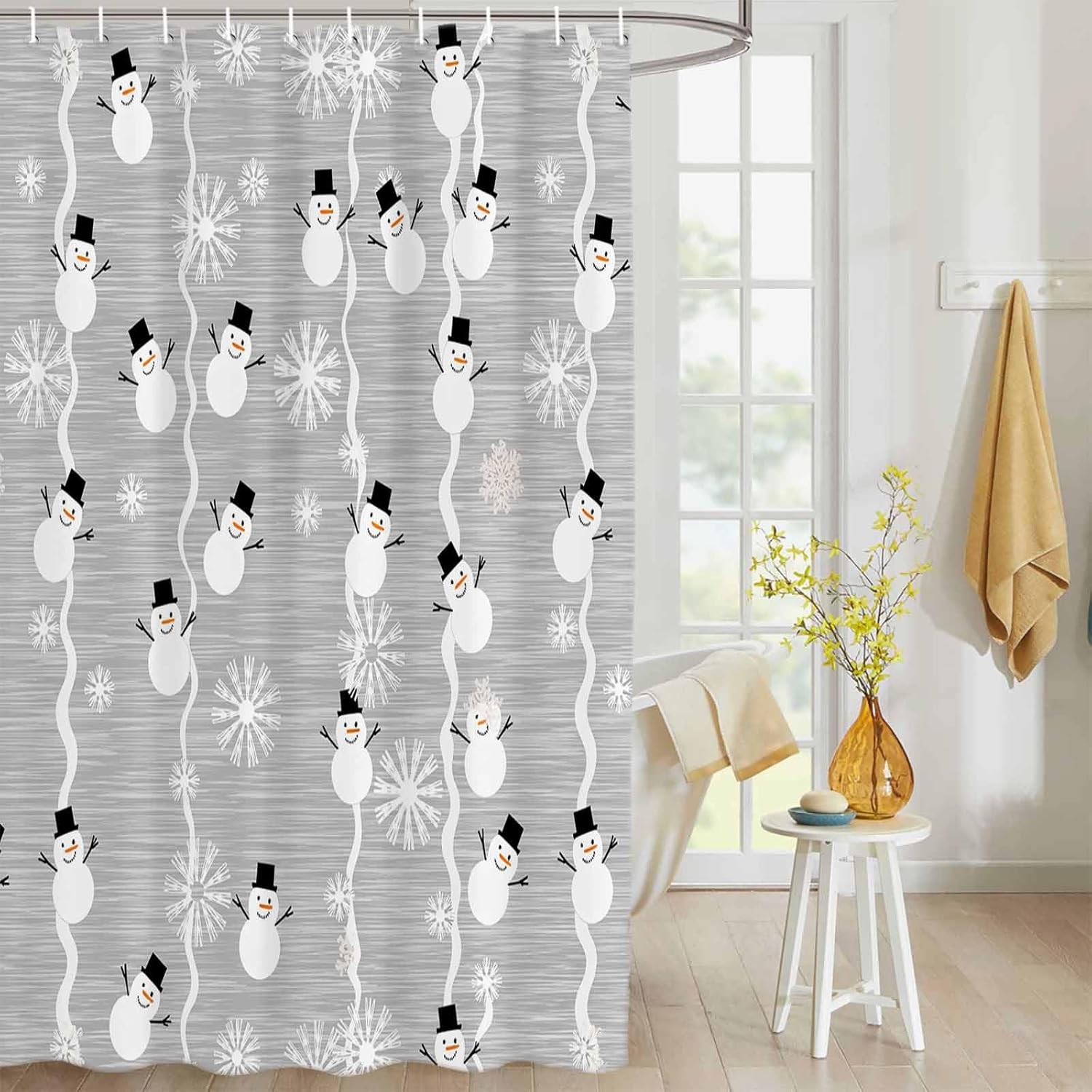 Libaoge White Shower Curtain Sets Winter Snowman and Shiny Snowflake Grey Soap Free Waterproof Fabric Polyester Shower Curtain - Come with Hooks 60" W x 72" H
