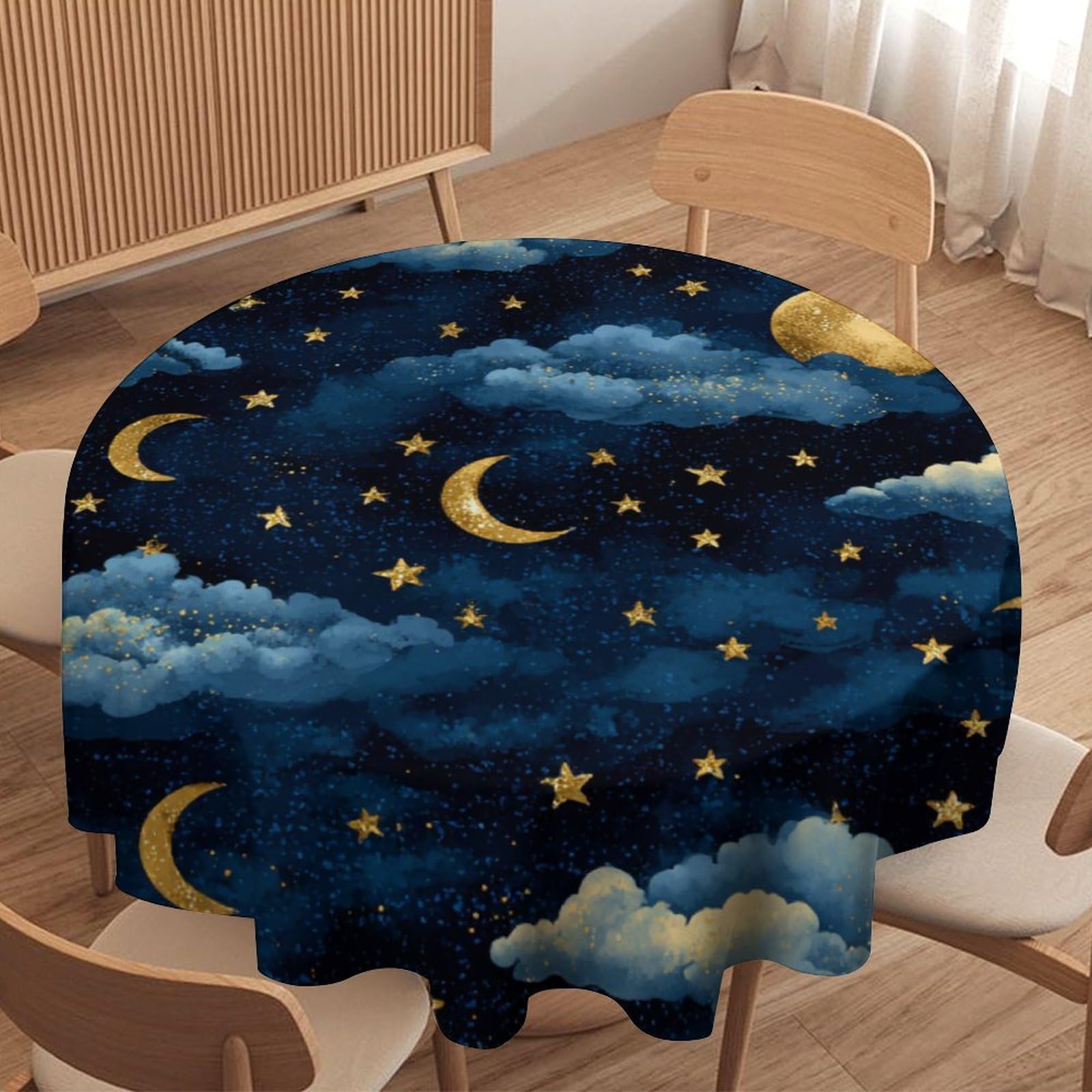 LUYYSKY Retro Beautiful Starry Sky Round Tablecloth Fantasy Watercolor Full Moon Japanese Anime Cloud Print Washable Decor for Table Cover for Kitchen-91.4" Wx91.4 L cm