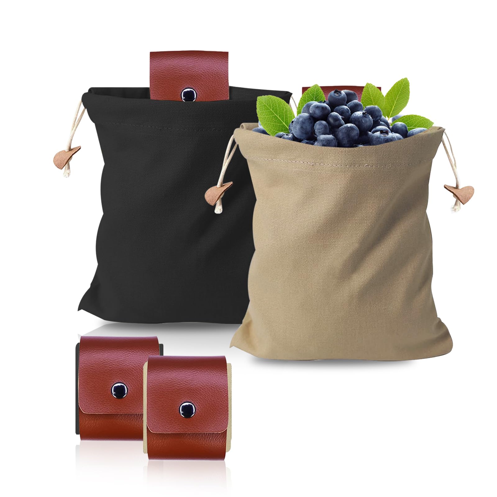 2 Stück Faltbare Canvas Leder Foraging Pouch, Bushcraft Pilz Tasche, Tasche für Futtersuche, Pilz Sammeltasche, für Futtersuche Bushcraft Ausrüstung (Black/Khaki)