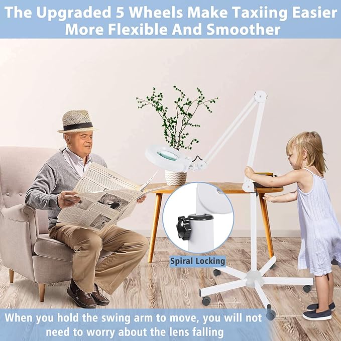 LANCOSC Magnifying Floor Lamp with 5 Wheels Rolling Base for Estheticians - 2,200 Lumens LED Dimmable Light with Magnifying Glass, 8-Diopter Lighted Magnifier for Reading, Crafts, Sewing, Close Work(5X) photo 3