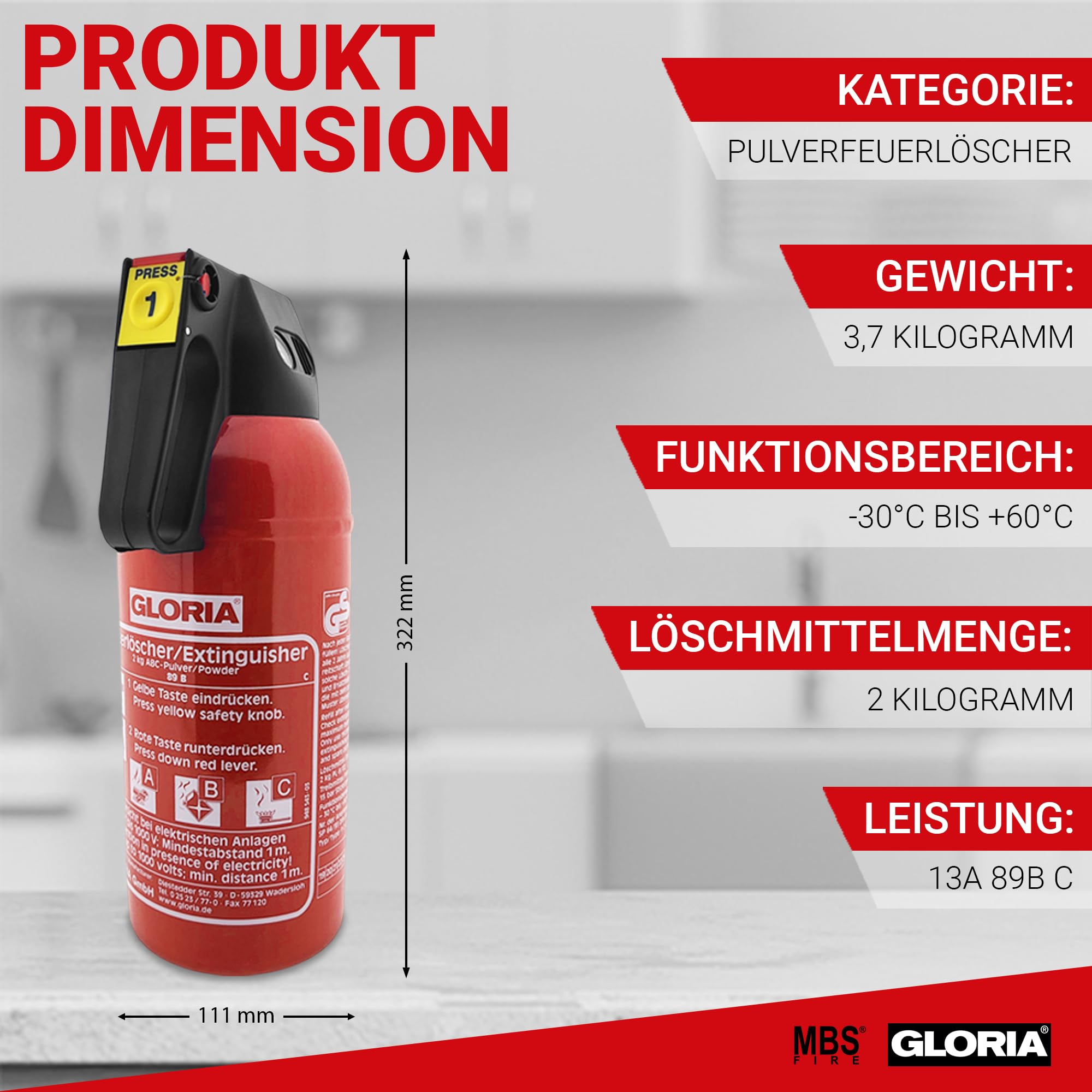 MBS FIRE Gloria P2GM Lot de 2 extincteurs à poudre pour voiture Classe de feu ABC avec support et plaque 2 kg