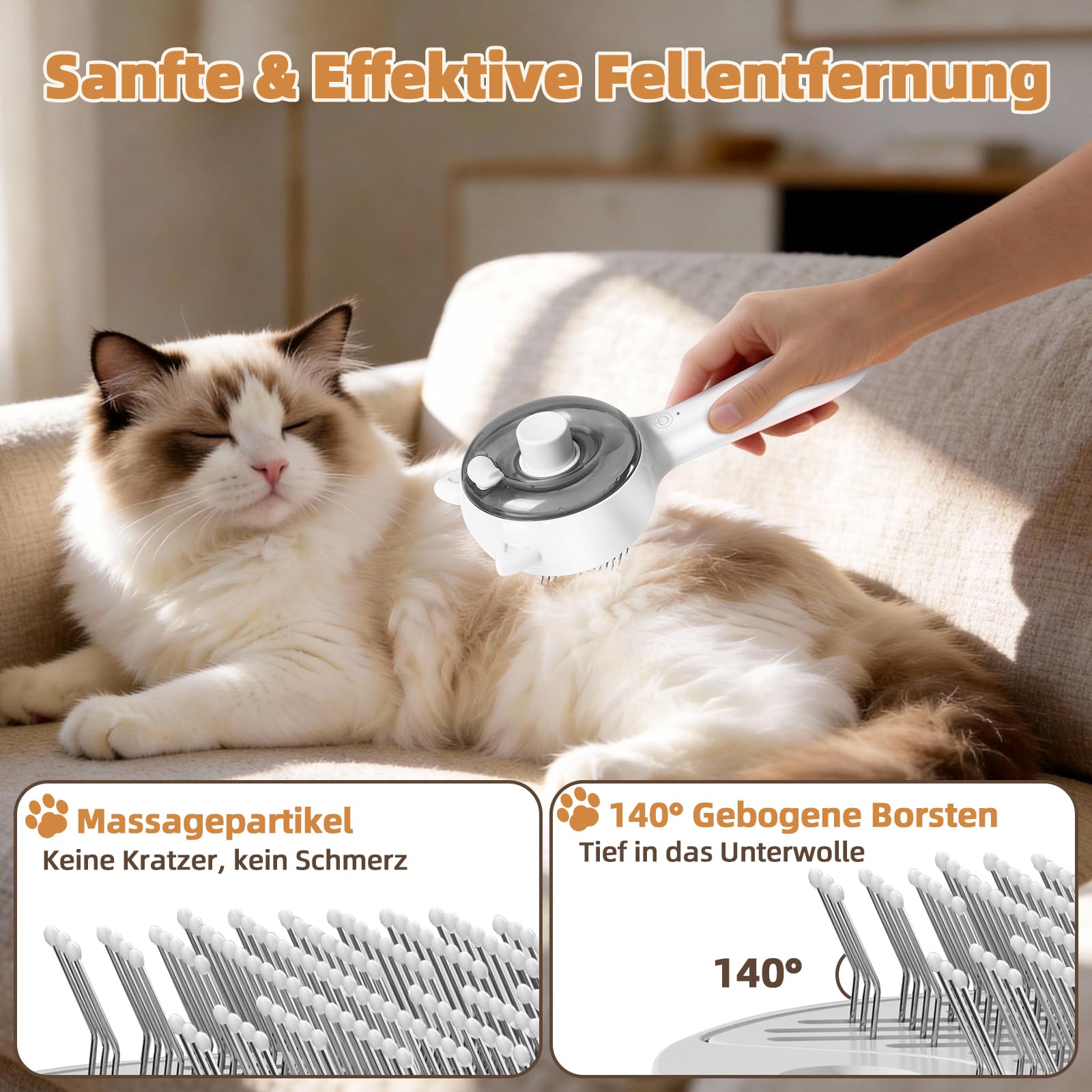 Brosse à chat à vapeur 2 en 1 & Retire-Underpoil, Soin animal pro, Brouillard froid 2 niveaux, Démêlage & Massage, USB rechargeable, Grand réservoir, Chiens & chats poils longs/courts
