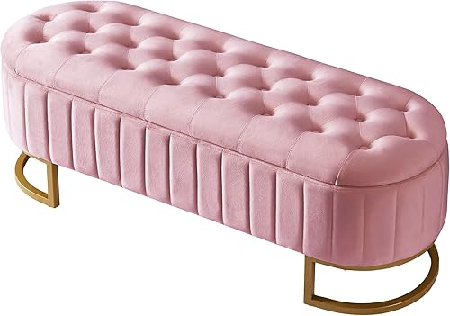Miniatura 4 de Polibi Elegante otomana tapizada de terciopelo con botones, banco de almacenamiento con patas de metal para dormitorio, sala de estar, entrada,