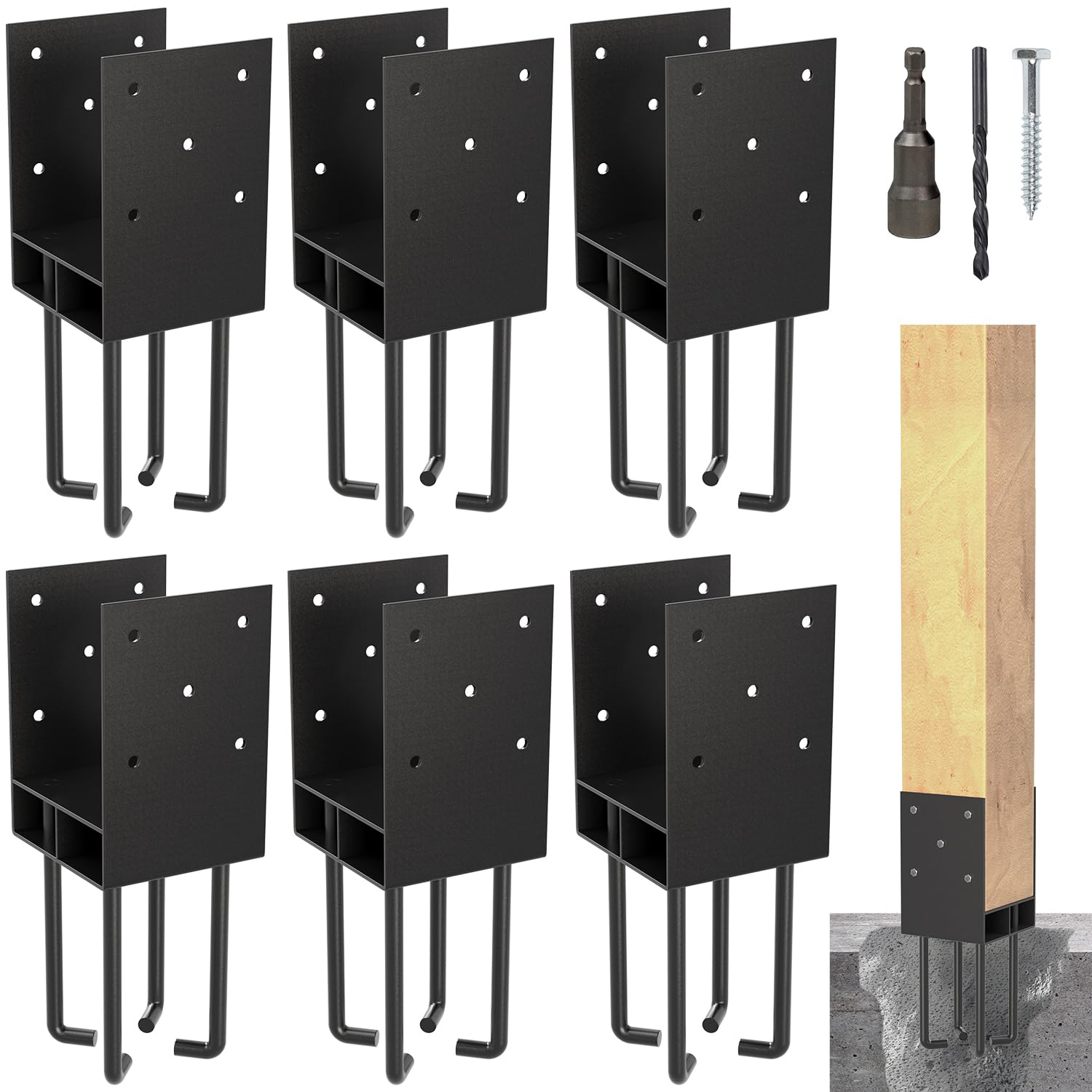 Paquete de 6 anclajes de metal para postes de hormigón, 6 x 6 pulgadas (interno 5.5 x 5.5 pulgadas) con canal de flujo de aire, soportes de anclaje de poste para uso en cubierta de hormigón para valla