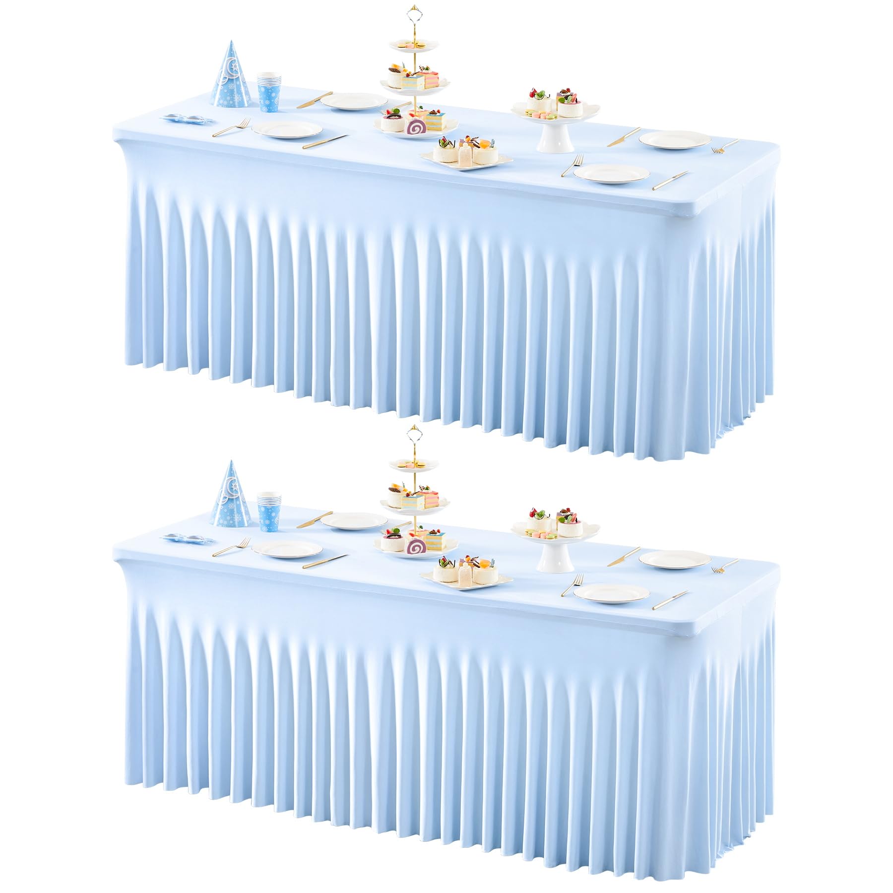 Photo 1 of 2 Packs Baby Blue Table Clothes for 6 Foot Rectangle Tables, One-Piece Wrinkle Resistant Stretch Spandex Table Covers with Skirt for Event Banquet Wedding Birthday Party