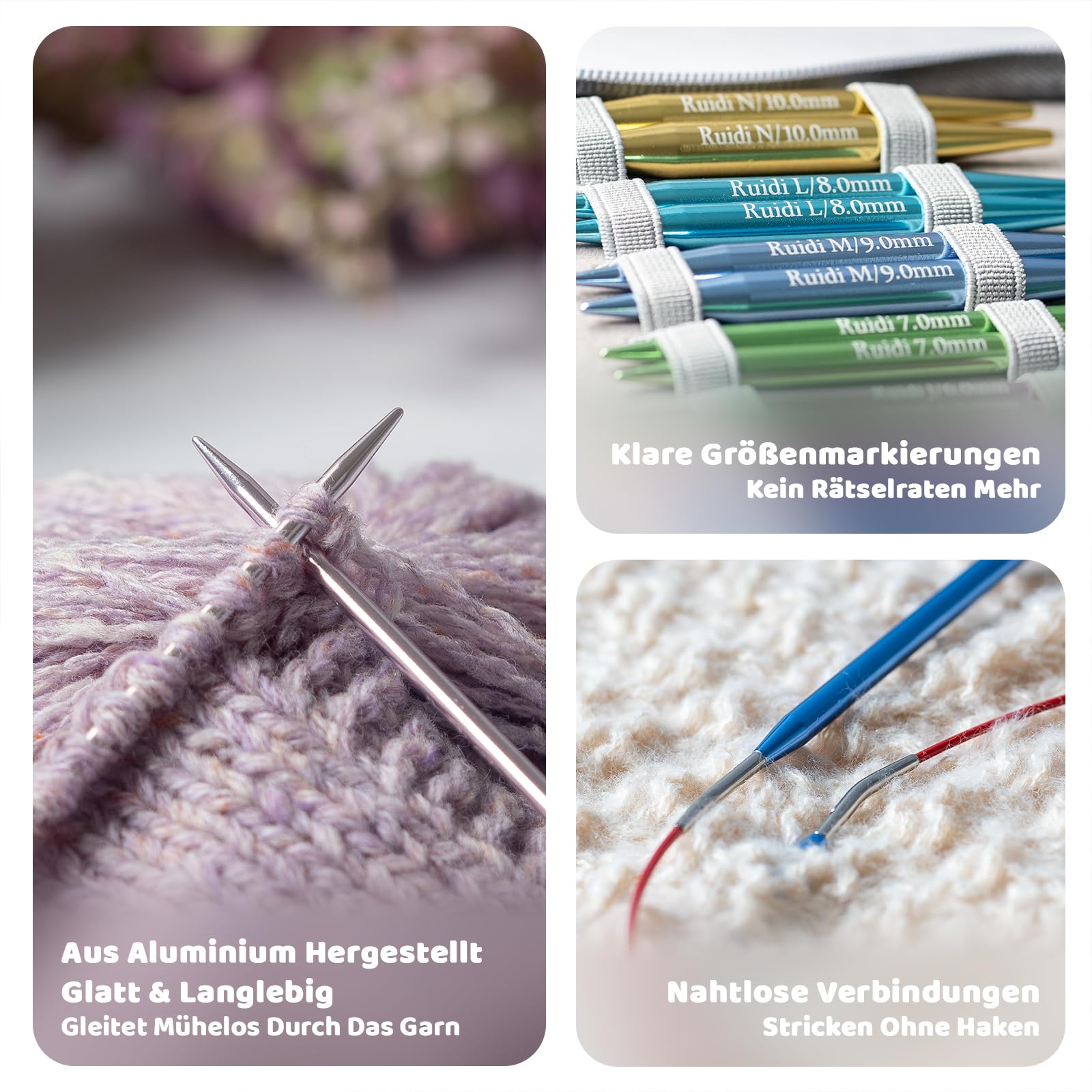 RUIDI Rundstricknadeln Set Austauschbar, 13 Paare mit Etui & Zubehör | Größen 2,75-10 mm, 10 cm glatte Aluminium-Nadelspitzen, 4 flexible Kabel ohne Memory-Effekt für vielseitige Strickprojekte