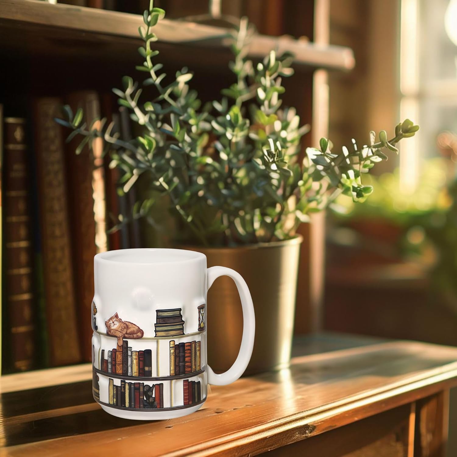 Full-Wrap Embossed 3D Book Mugs For Book Lovers Gifts For Readers Women 3D Bookshelf Mug 15Oz - A Library Shelf Cup, Cat Mugs For Cat Lovers Women And Men, Love Cats Mug Gift For Writers And Authors - Image 4