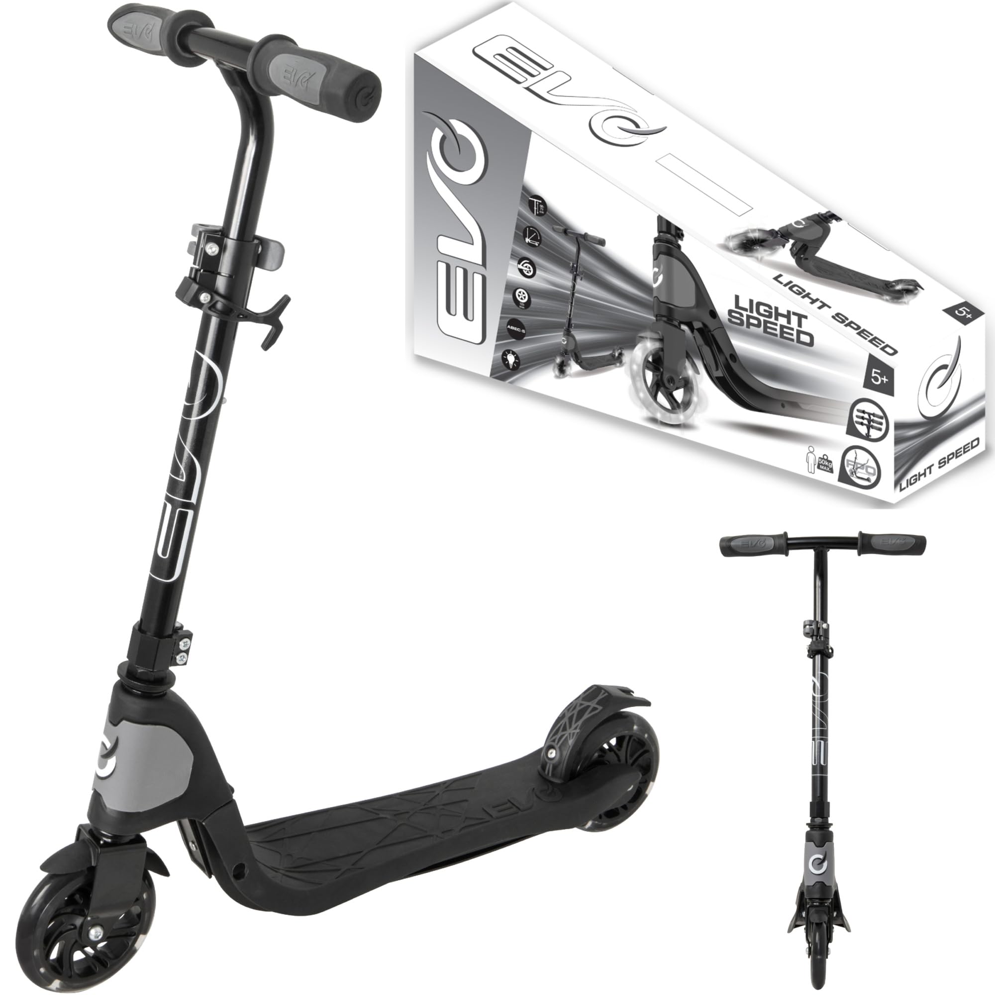 Evo Trottinette Pliable Réglable pour Enfants Light Speed Noir Roues Lumineuses