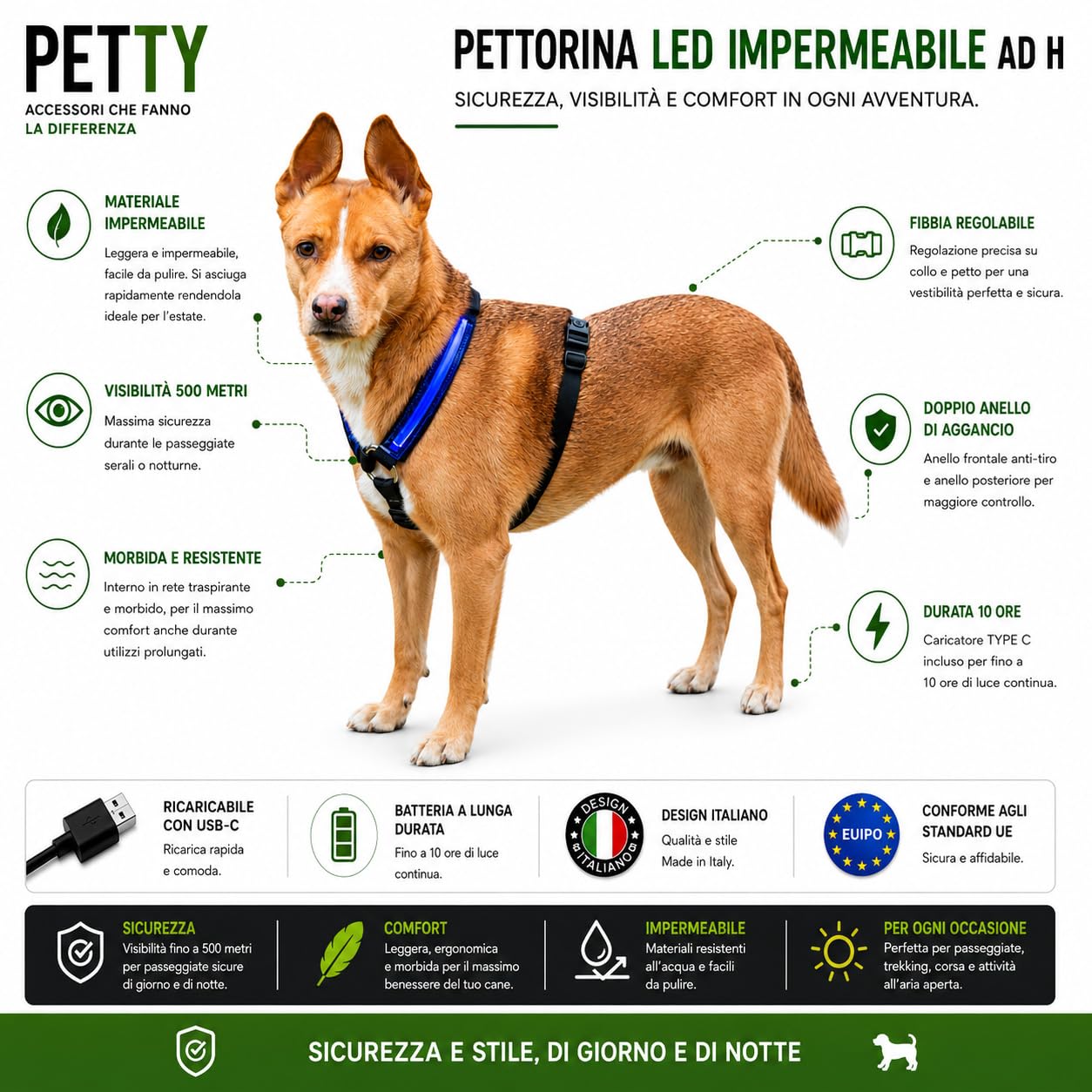 PETTY Pettorina cane ad H con Led Luminosi - Ricaricabili con USB, Imbracatura Anti Tiro Regolabile con Imbottitura Morbida, Traspirante e Chiusura Ermetica (XL, Rosso)
