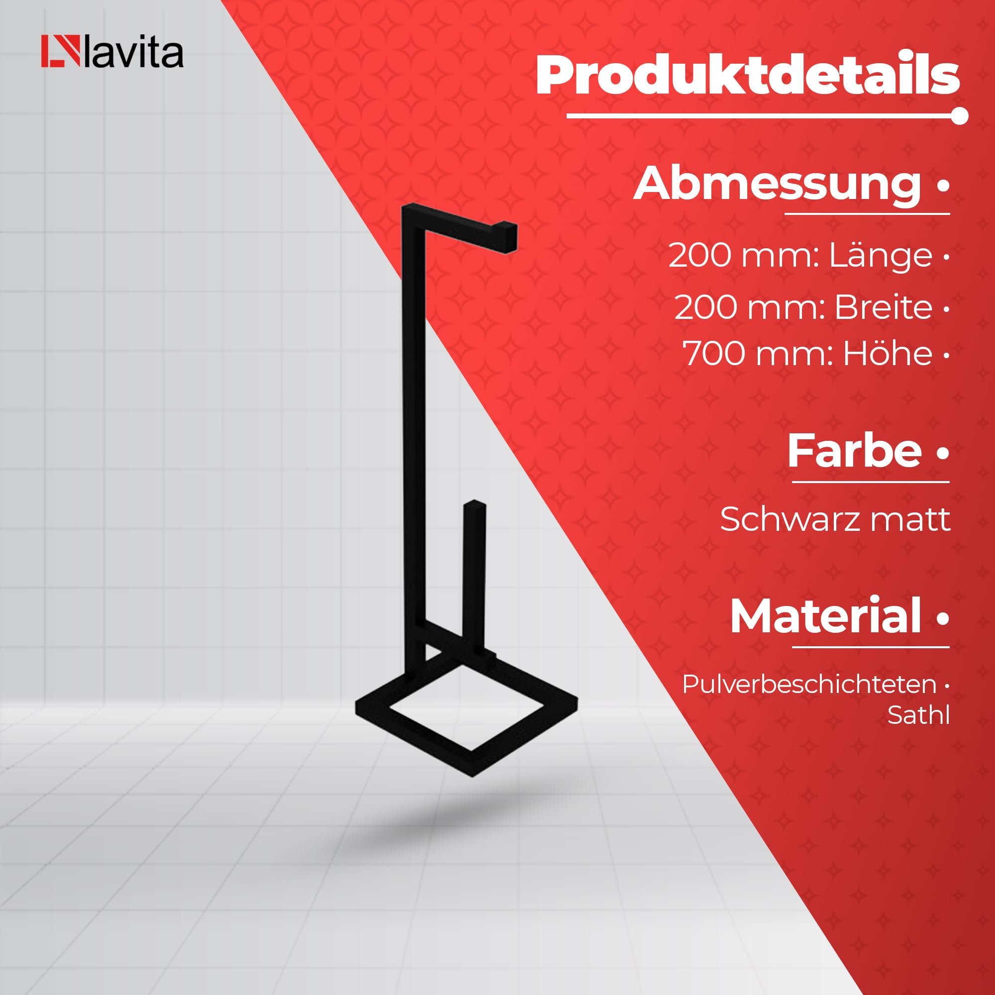 LAVITA PANAY Toilettenpapierhalter Stehend | Mattschwarz | Klopapierhalter Freistehend |WC Rollenhalter | Toilettenpapier aufbewahrung | Stabiler Klorollenhalter |Toilettenpapierständer |200x200x700mm
