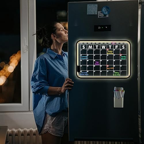 Miniatura 6 de Calendario acrílico LED para refrigerador, pizarra magnética de borrado en seco de 17 x 12 pulgadas para refrigerador, calendario mensual, pizarra