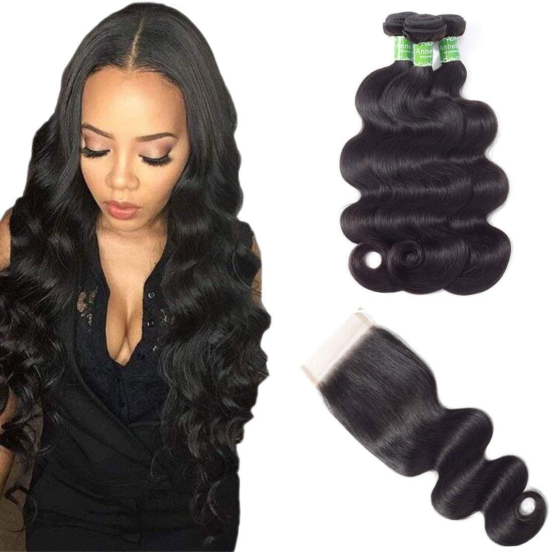 ANNELBEL Brazilian Hair Body Wave 3 Bundles With Lace Closure 130% Density Grade 8A Unprocessed Brazilian Wet And Wavy Human Hair Natural Color(16 18 20+16 free part closure)
