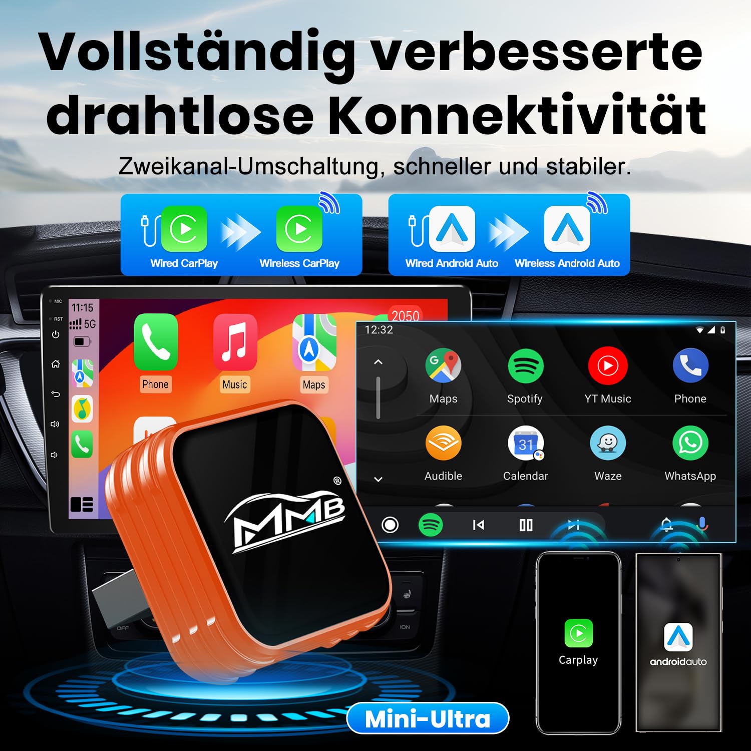 MMB Wireless CarPlay Adapter, kabelgebundenes Mühelos In kabelloses CarPlay um,Geeignet Für Fahrzeuge Mit CarPlay, kompatibel mit iPhone iOS 10+ und Android Auto, Mini & Stabiler Adapter (orange)