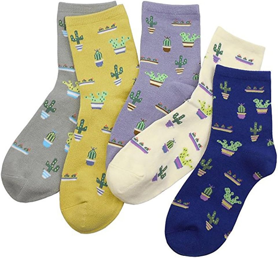 5-pack Women's Cacti Parttern Casual Ankle Socks Knit Cotton Knitting Winter Fall Crew Socks Mix Color