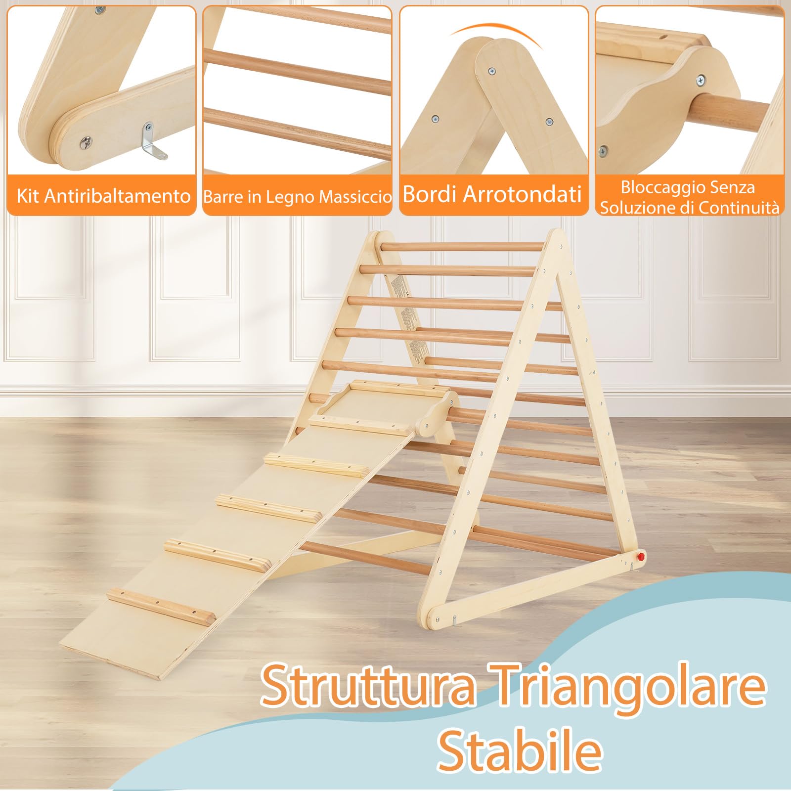 COSTWAY Triangolo a Gradini, Scala Giochi Arrampicata a Triangolo, con Scivolo, Palestra Coperta da Casa, Legno, Ideale per Bambini 3+ Anni (naturale)