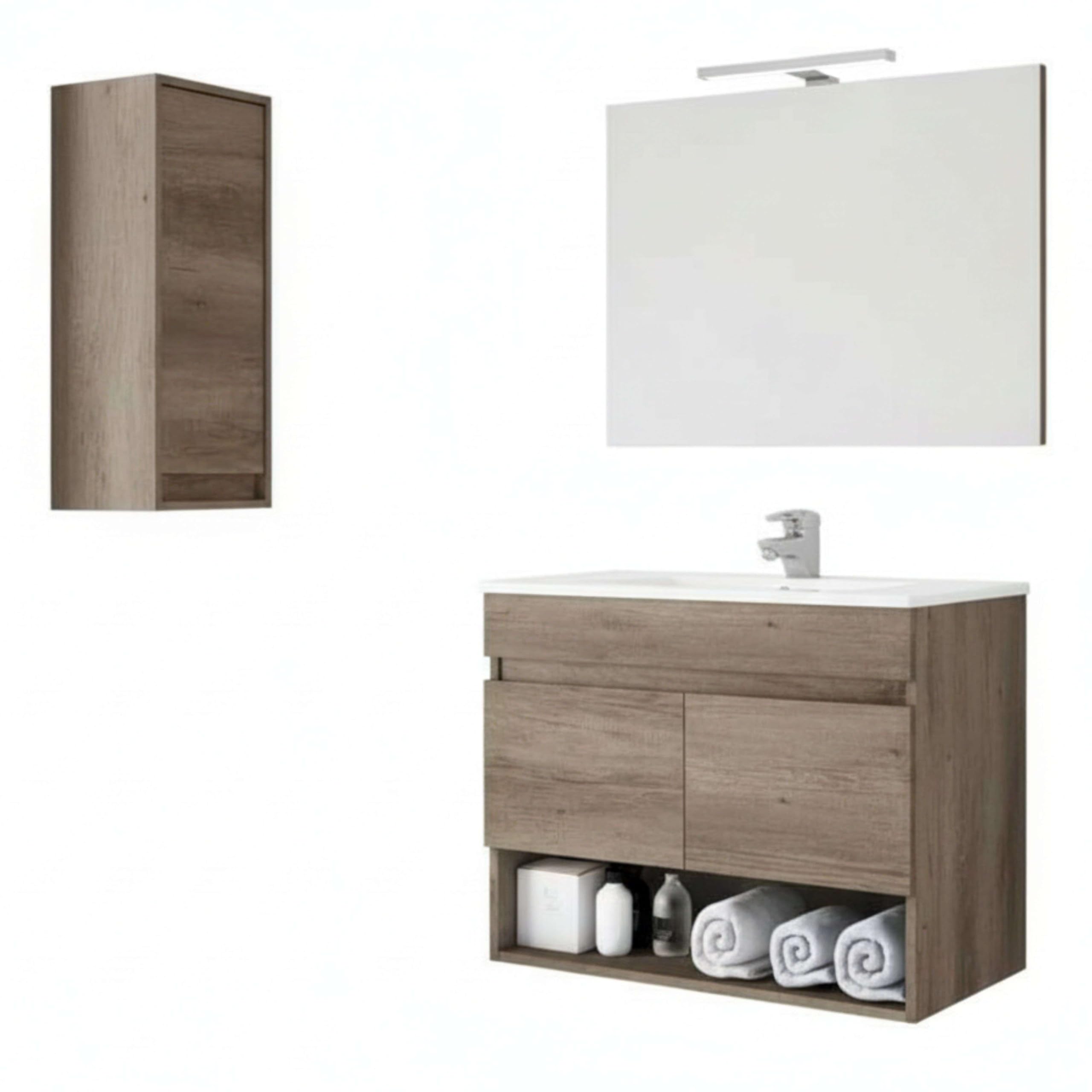 Pack de Muebles de Baño en Color Roble Nordik formado por Mueble de Baño, Espejo y Lavabo Cerámico (Tamaño de la Columna Opcional)