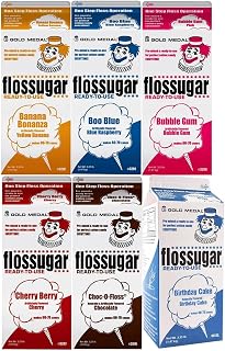 Cotton Candy Floss sugar Mix Flavors | Pack Of 6 | Blue Raspberry, Banana, Bubble Gum, Chocolate, Cherry, and Birthday Cake Flavors | 1/2 Gallon Cartons