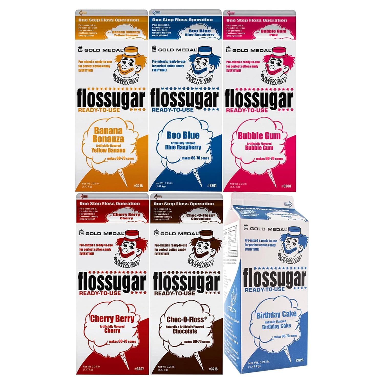 Cotton Candy Floss sugar Mix Flavors | Pack Of 6 | Blue Raspberry, Banana, Bubble Gum, Chocolate, Cherry, and Birthday Cake Flavors | 1/2 Gallon Cartons