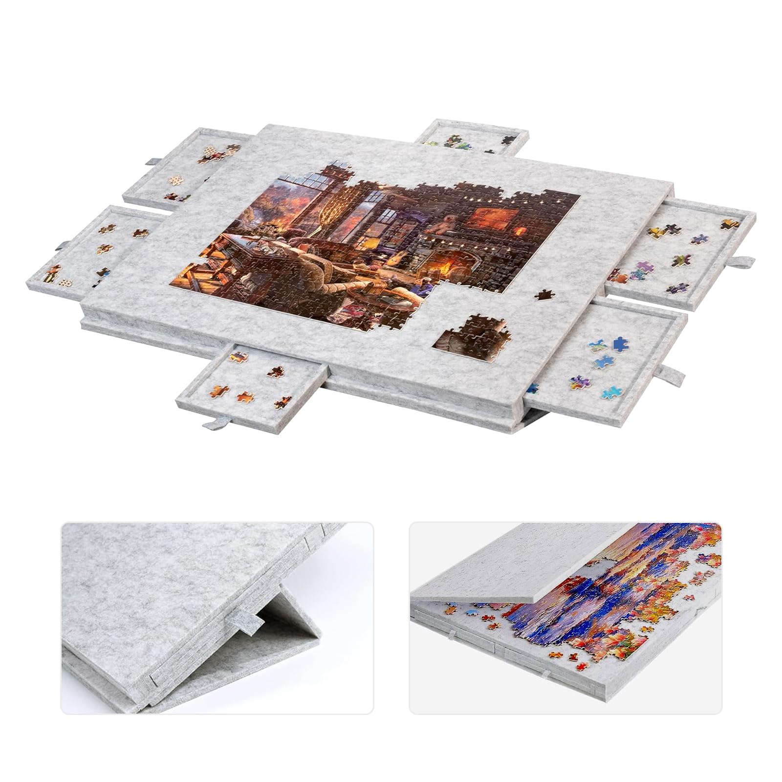 1000 Piezas Mesa de Rompecabezas con 6 Cajones, Mesa de Puzle Portátil, Puzzle Board de Fieltro Ligero, Rompecabezas de Caballete para Niños y Adultos (Gris)