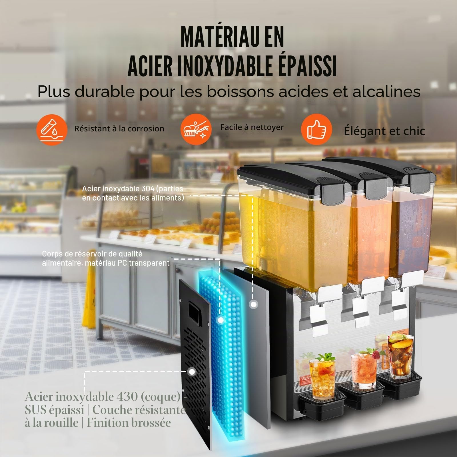 VEVOR Distributeur de Boissons Commercial 3 Réservoirs de 10 L, Fontaine à Eau 440 W, Distribution de Jus Limonade Thé Glacé, Température de Refroidissement 7-12 ℃, pour Restaurant, Hôtel, Café