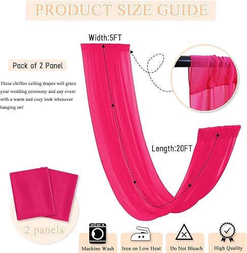 Miniatura 2 de PATYDEST Cortinas de techo para bodas, 5 x 20 pies, tela de gasa rosa intenso para ceremonia de boda, cortinas de techo de tela transparente,