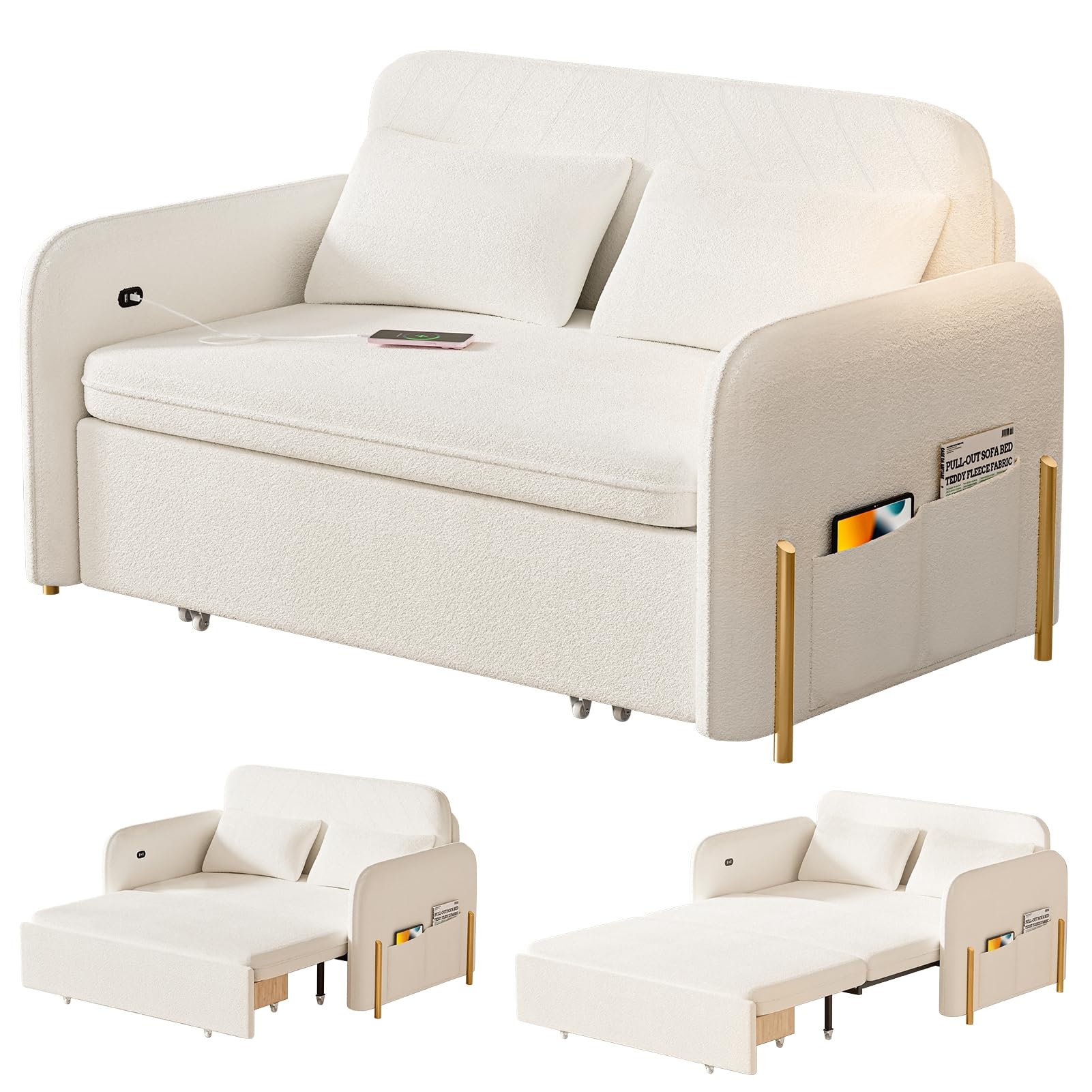 Convertible Sofa Bed Couch 70 Inch Pull Out Couch Bed with USB Charging Side Pockets and Pillows Foldable