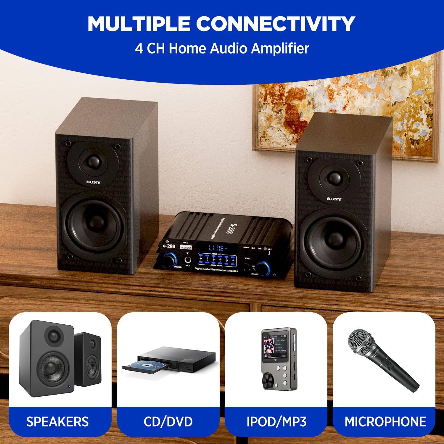 4 Canales Amplificador, 1200W Audio Estéreo Amplificador, Bluetooth 5.0 Mini Hi-Fi Digital Amperio Integrado para los Altavoces del hogar 35W x4, SD/FM/Micrófono