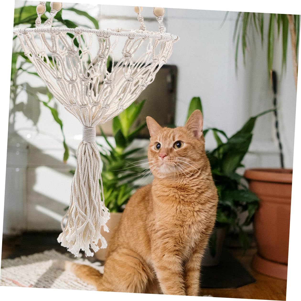 DOITOOL Bohemian Woven Cat Hammock Bed Hanging Animal Net Basket 40cm Wear-Resistant Indoor Kitten Accessory Suitable for Cats 20-30lbs