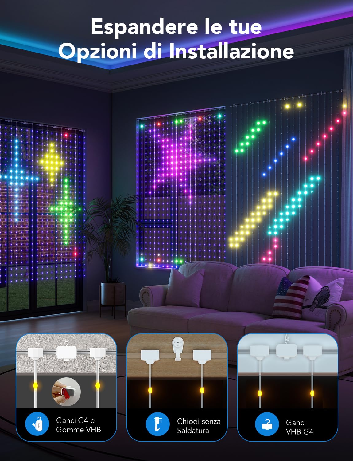 Govee Curtain Lights, 520 LEDs RGBIC, Luci per Tende LED WiFi Intelligenti all'Aperto, Luci Dinamiche per il Fai-da-te, IP65 Impermeabile, per Natale Decorazioni (1,5×2 m)