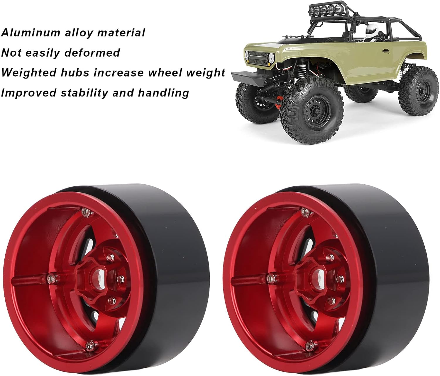 RCカーホイールハブ4個、2.2インチ12mm六角ドライブアルミニウム合金メタルホイールリム、厚さ36mm CNC加工ロックタイヤ加